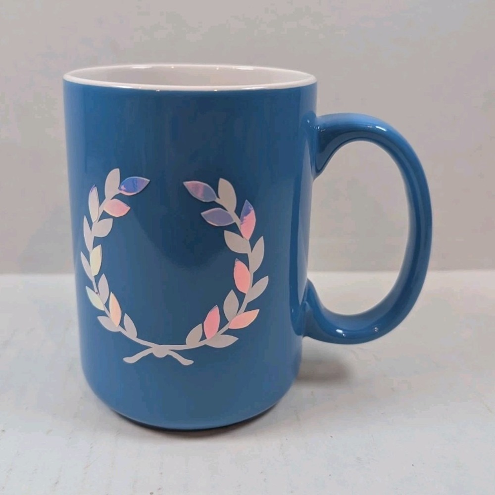 Gibson Home Blue Artistry Mug Pastel Leaf Wreath 18 oz Ceramic Coffee Cup